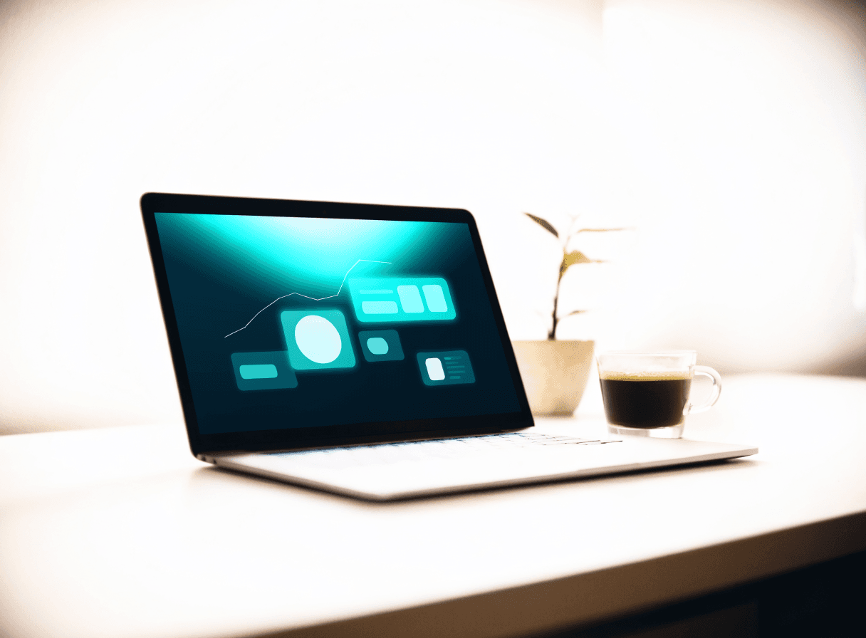 A laptop showing a calm financial dashboard for a practice